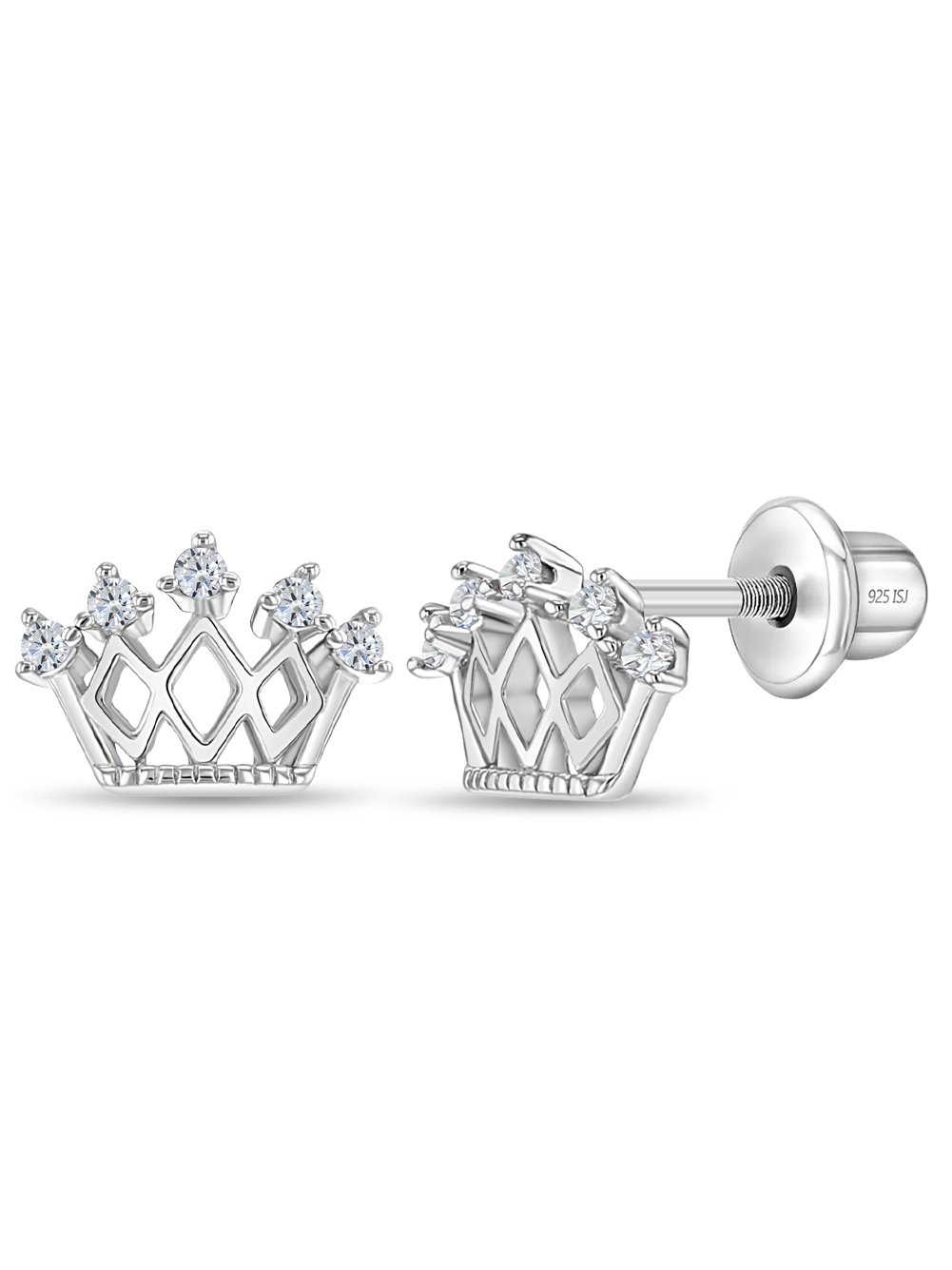 925 Sterling Silver CZ Princess Crown Screw Back Earrings Little Girls